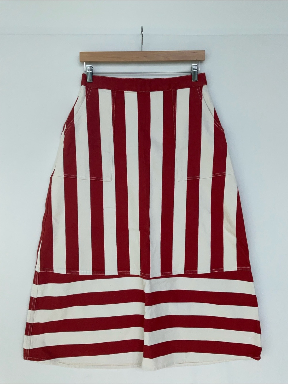 RHODE Nadine Vertical-Strip Midi Skirt with Patch Pockets - Picture 1 of 10